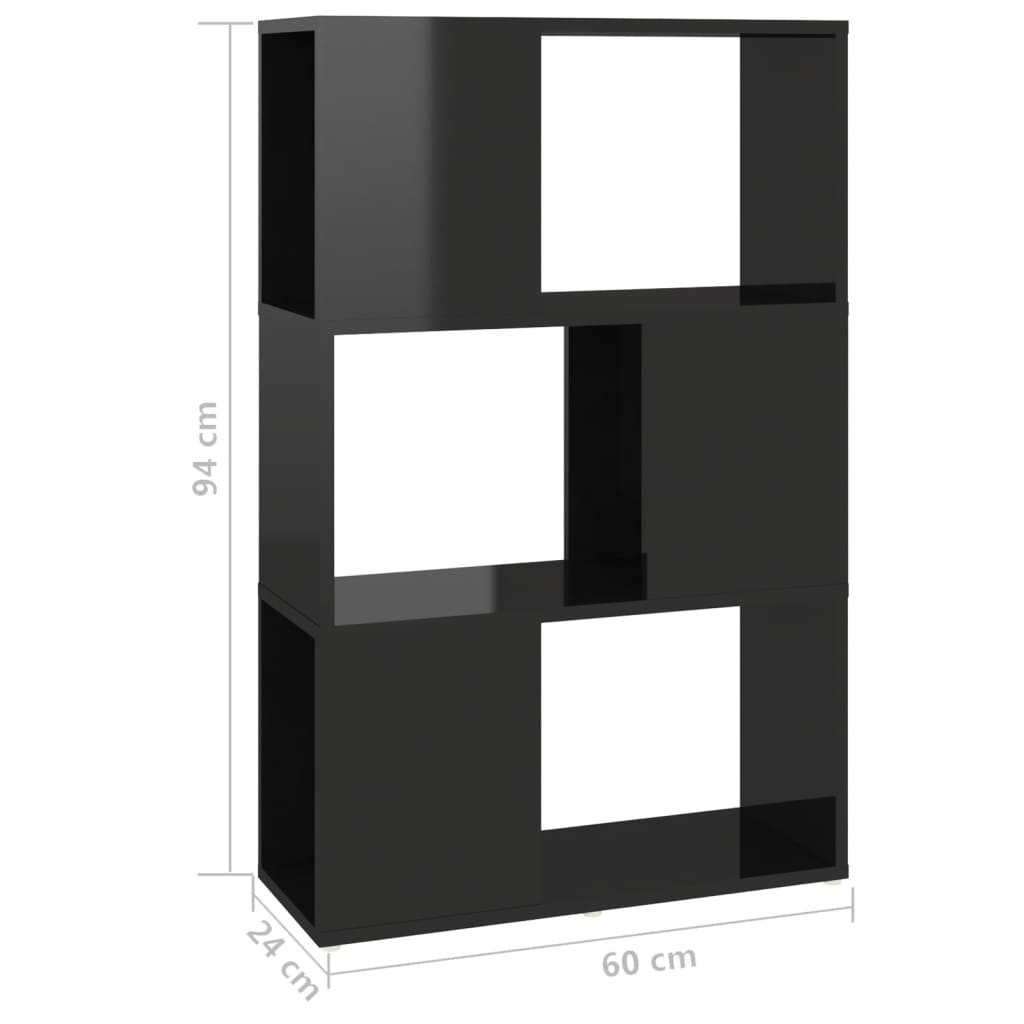 vidaXL grāmatu plaukts, 60x24x94 cm, spīdīgi melns, skaidu plāksne