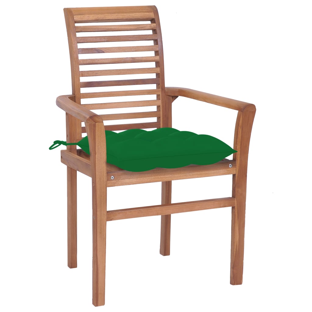 vidaXL virtuves krēsli, 6 gab., zaļi matrači, masīvs tīkkoks