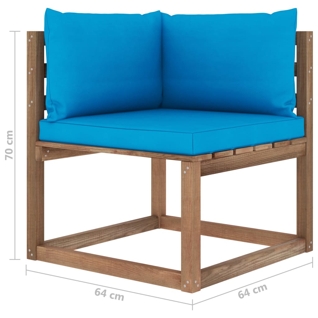 vidaXL dārza palešu stūra dīvāns ar gaiši ziliem matračiem