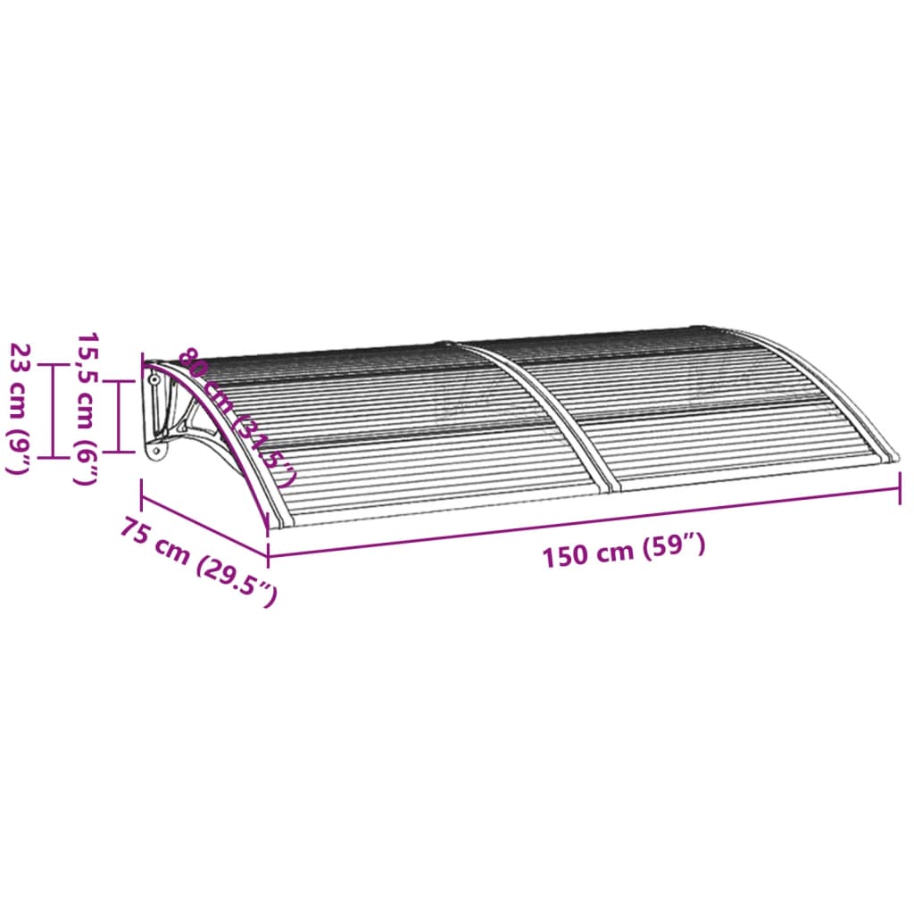vidaXL durvju jumtiņš, melns, caurspīdīgs, 150x75 cm, polikarbonāts