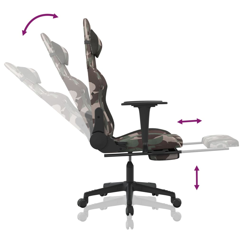 vidaXL datorspēļu krēsls ar kāju balstu, kamuflāžas un melns audums