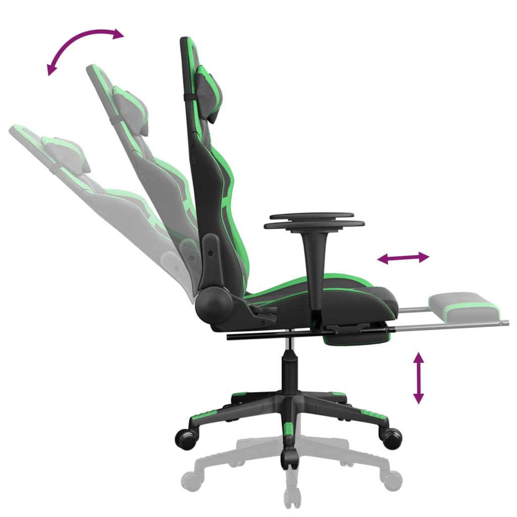 vidaXL masāžas datorkrēsls ar kāju balstu, melna un zaļa mākslīgā āda