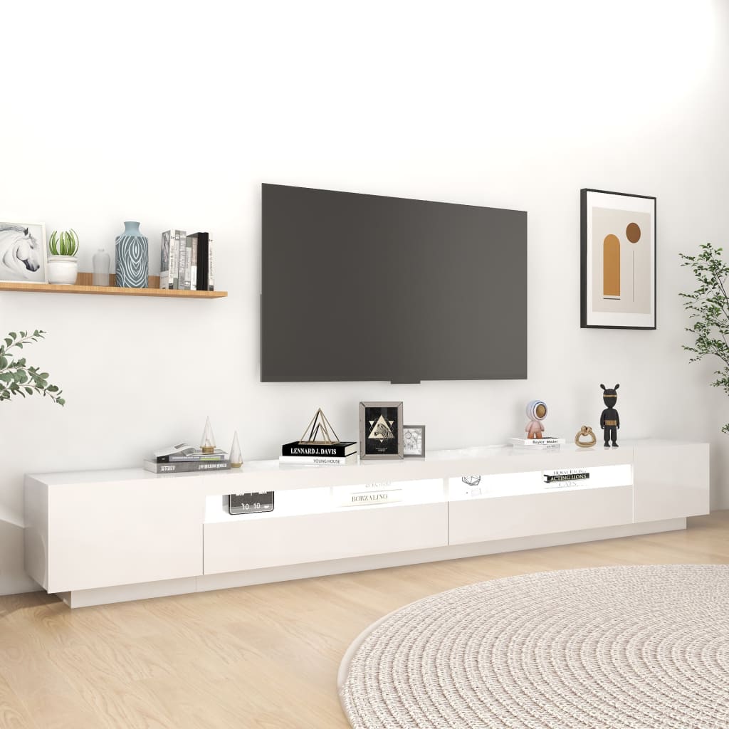 vidaXL TV skapītis ar LED lampiņām, 300x35x40 cm, spīdīgi balts