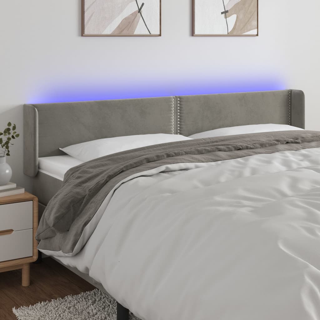 vidaXL gultas galvgalis ar LED, 183x16x78/88 cm, gaiši pelēks samts