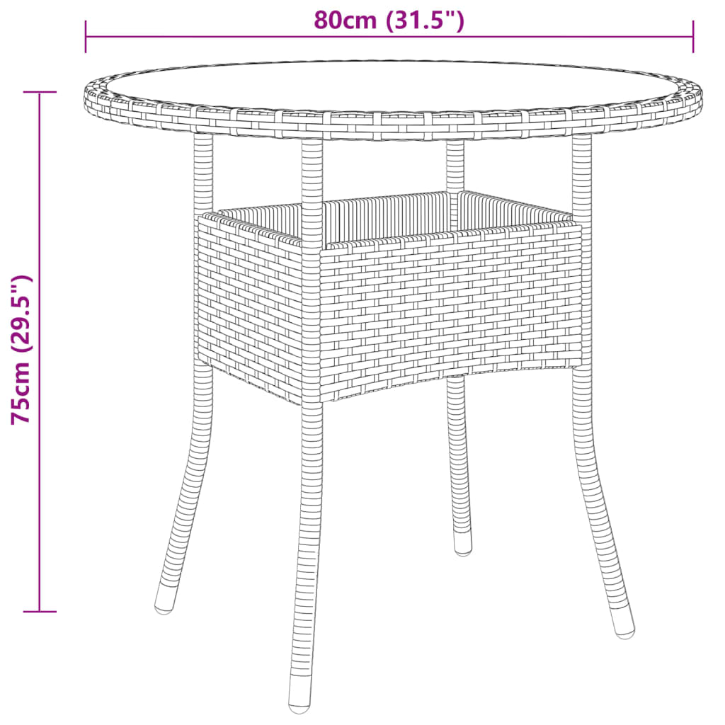 vidaXL dārza galds, Ø80x75 cm, rūdīts stikls, pelēka PE rotangpalma