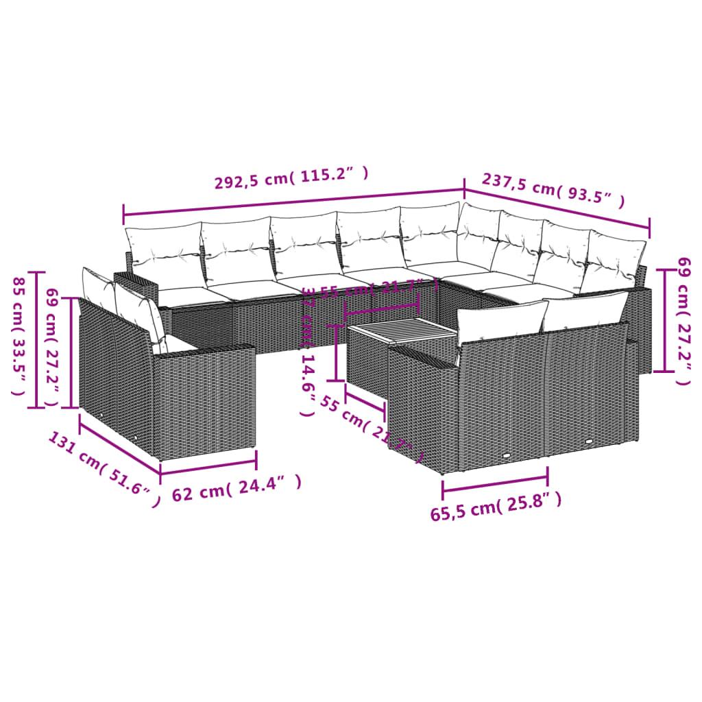 vidaXL 13-daļīgs dārza dīvāna komplekts, matrači, bēša PE rotangpalma