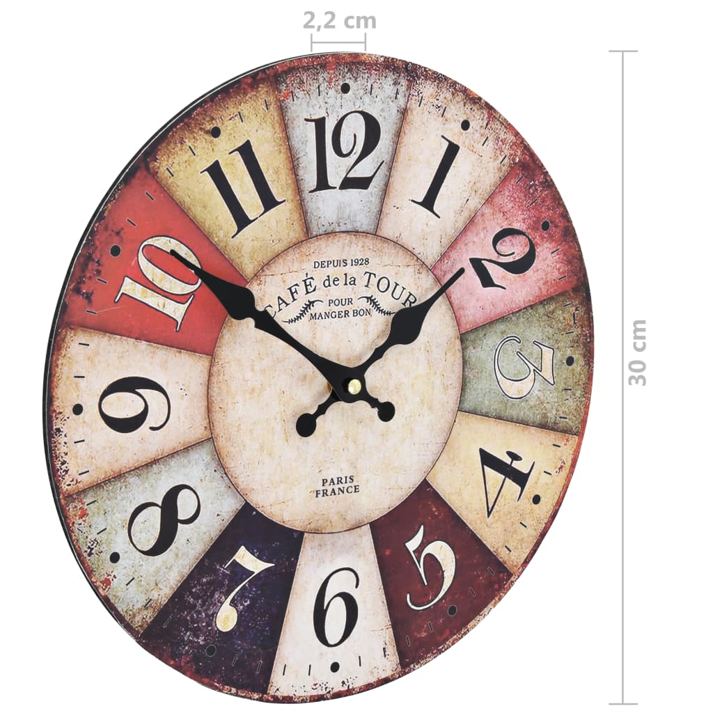 vidaXL vintāžas sienas pulkstenis, krāsains, 30 cm