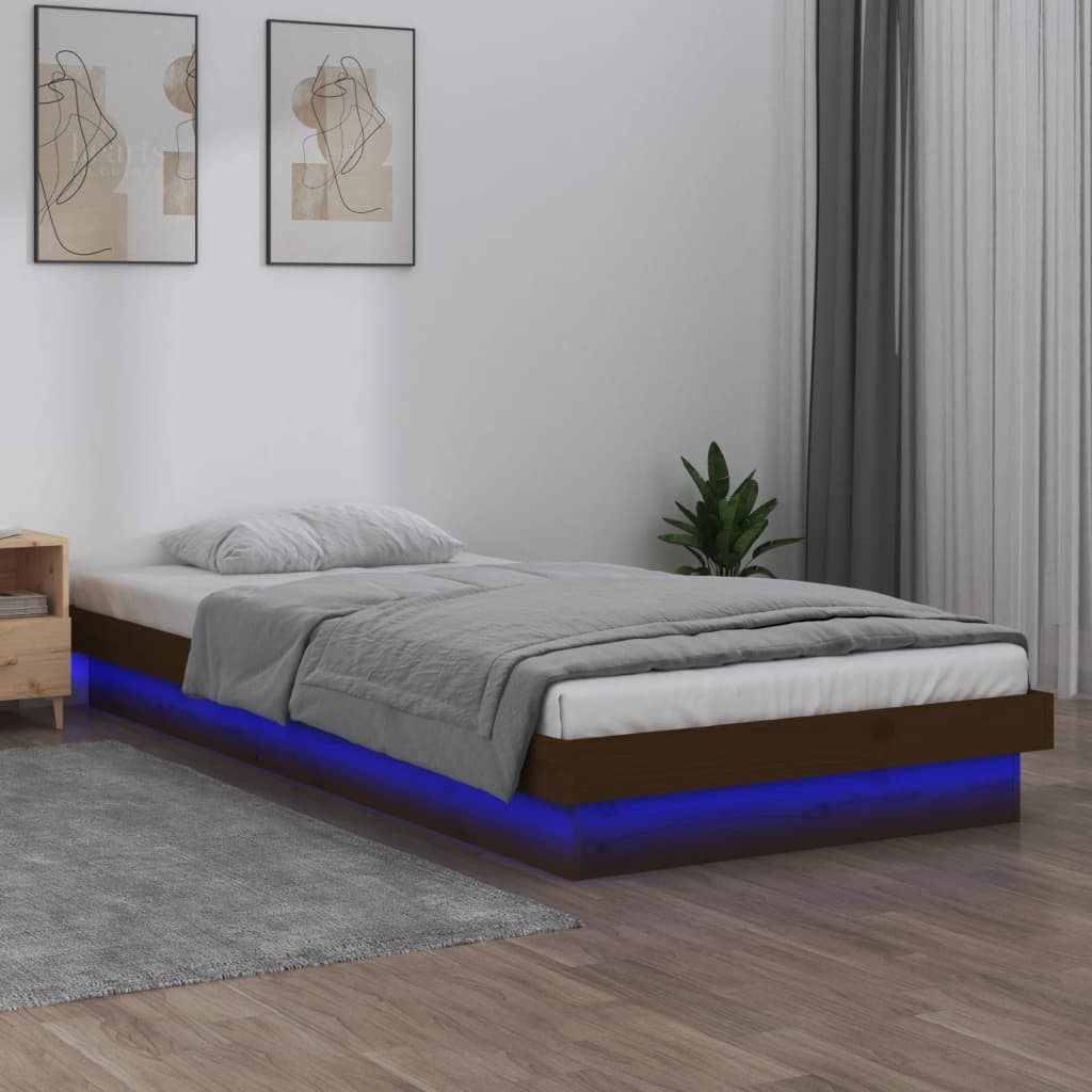 vidaXL gultas rāmis, LED, brūns, 75x190 cm, vienvietīgs, masīvkoks