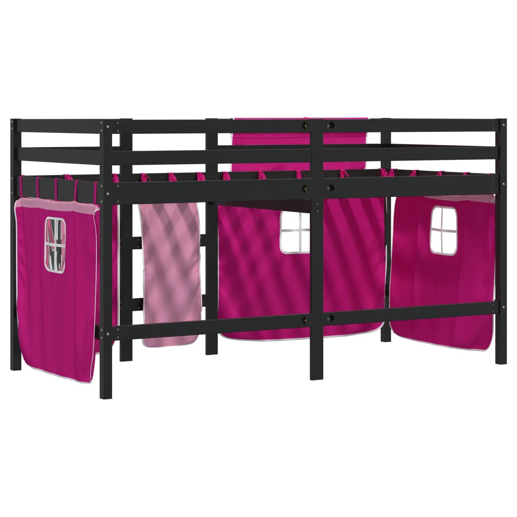 vidaXL bērnu gulta ar aizkariem, rozā, 90x200 cm, priedes masīvkoks