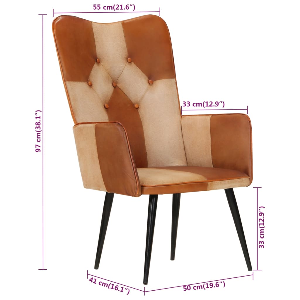 vidaXL atpūtas krēsls, brūns, krēmkrāsas, dabīgā āda