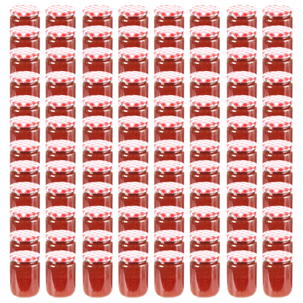 vidaXL ievārījuma burciņas, balti sarkani vāciņi, 96 gab., 230 ml