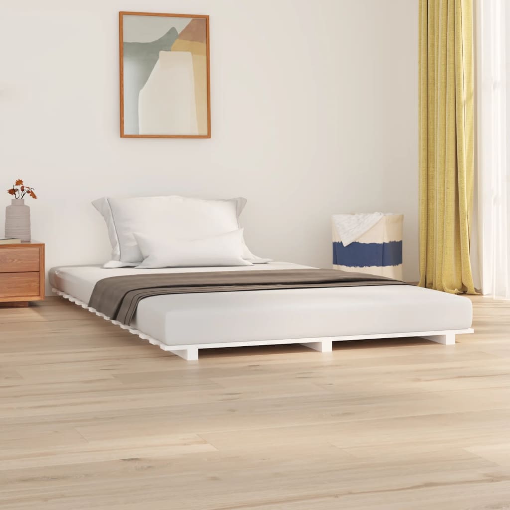 vidaXL gultas rāmis, balts, 135x190 cm, priedes masīvkoks