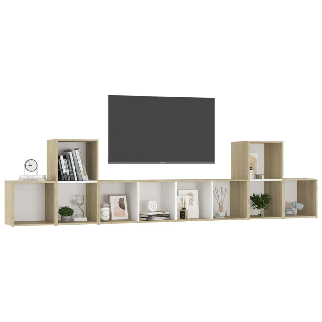 vidaXL 5-daļīgs TV plauktu komplekts, balts, ozolkoka, skaidu plāksne