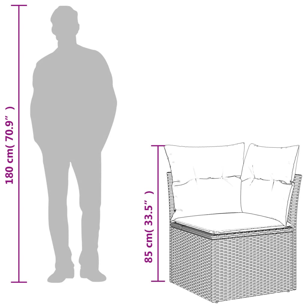vidaXL dārza stūra dīvāns ar spilveniem, brūna PE rotangpalma