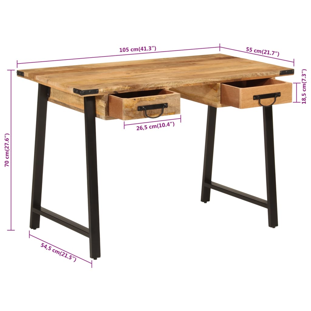 vidaXL galds ar atvilktnēm, 105x55x70 cm, mango masīvkoks, dzelzs