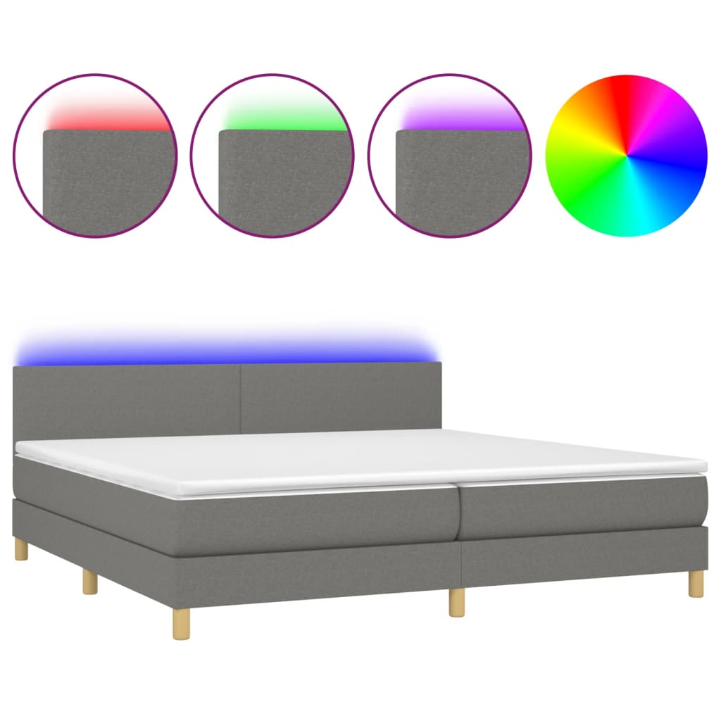 vidaXL atsperu gulta ar matraci, LED, tumši pelēka audums, 200x200 cm