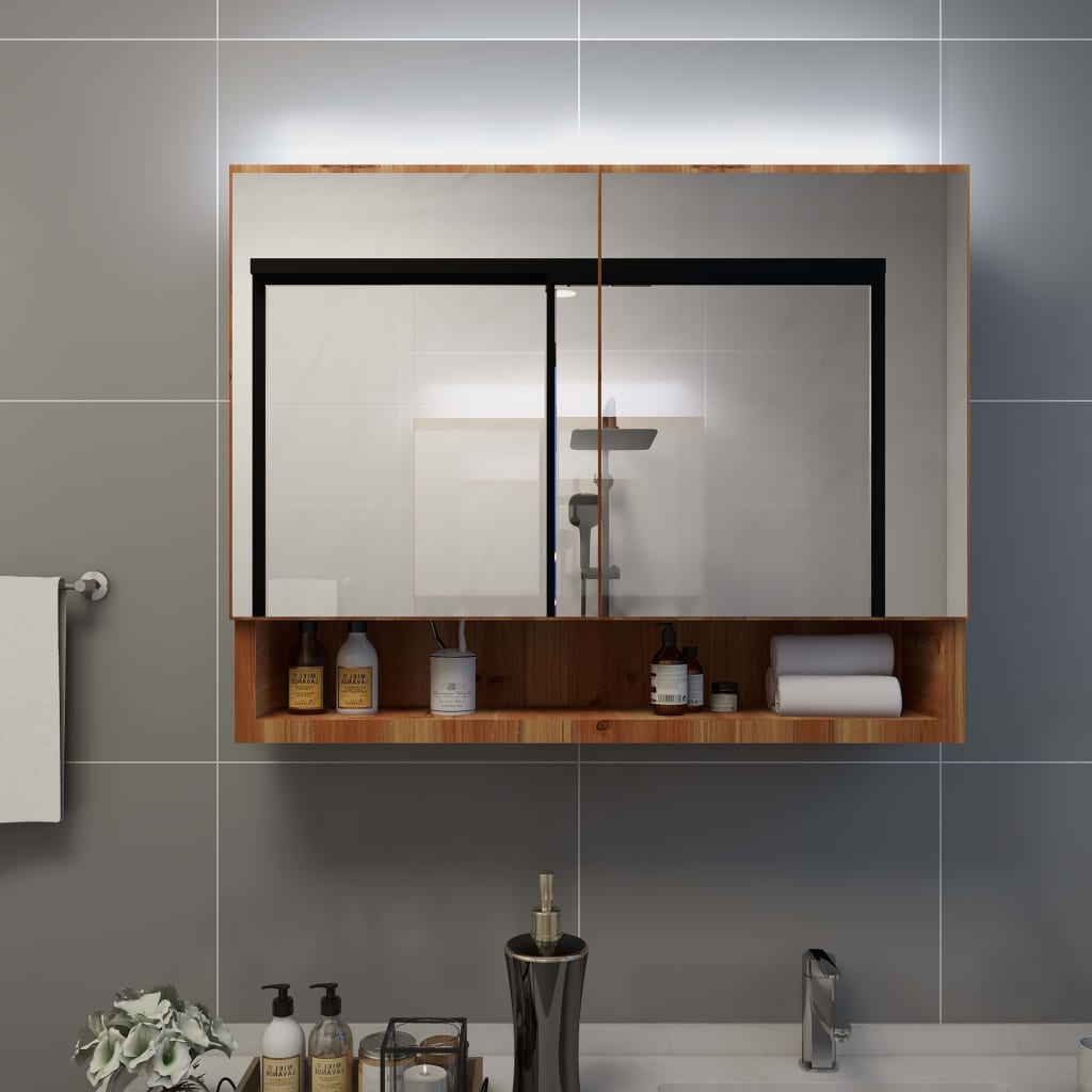 vidaXL vannasistabas skapītis ar spoguli un LED, 80x15x60cm, MDF