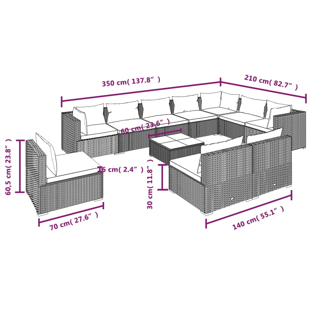 vidaXL 11-daļīgs dārza mēbeļu komplekts, matrači, melna PE rotangpalma