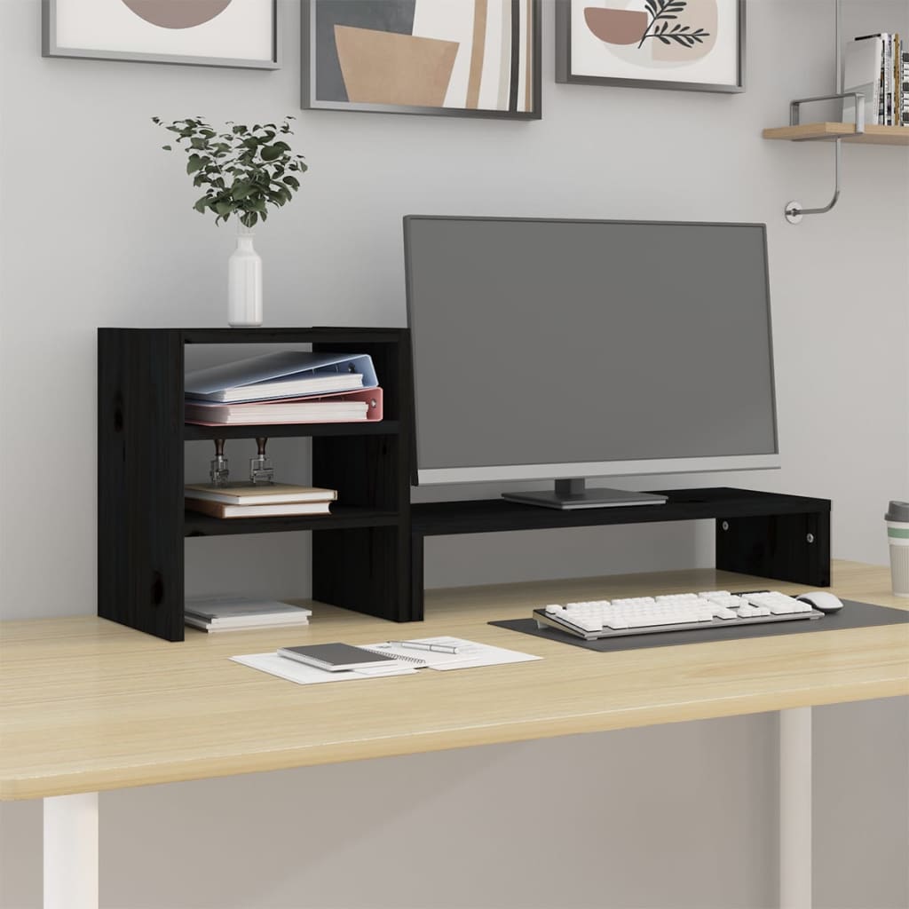 vidaXL monitora paliktnis, melns, 81x20x30 cm, priedes masīvkoks