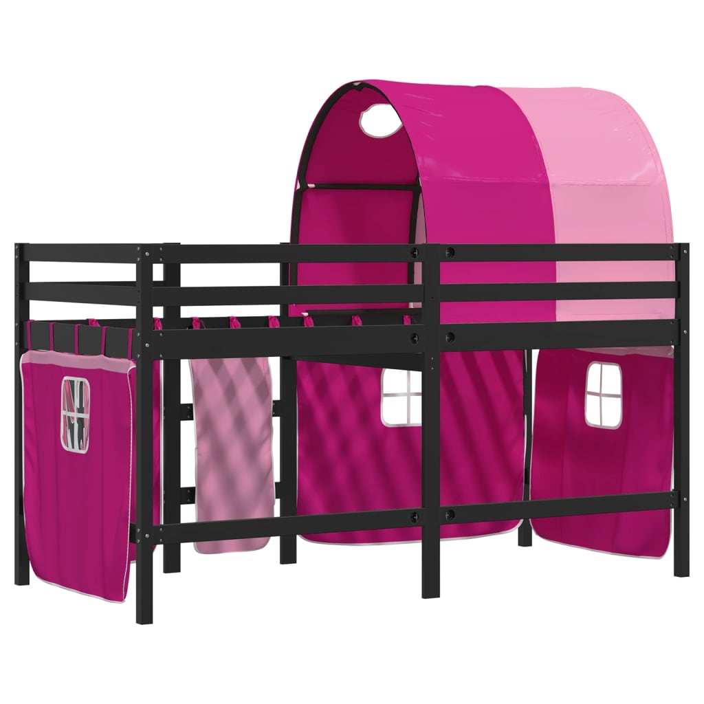 vidaXL bērnu augstā gulta ar tuneli, rozā, 90x200 cm, priedes koks