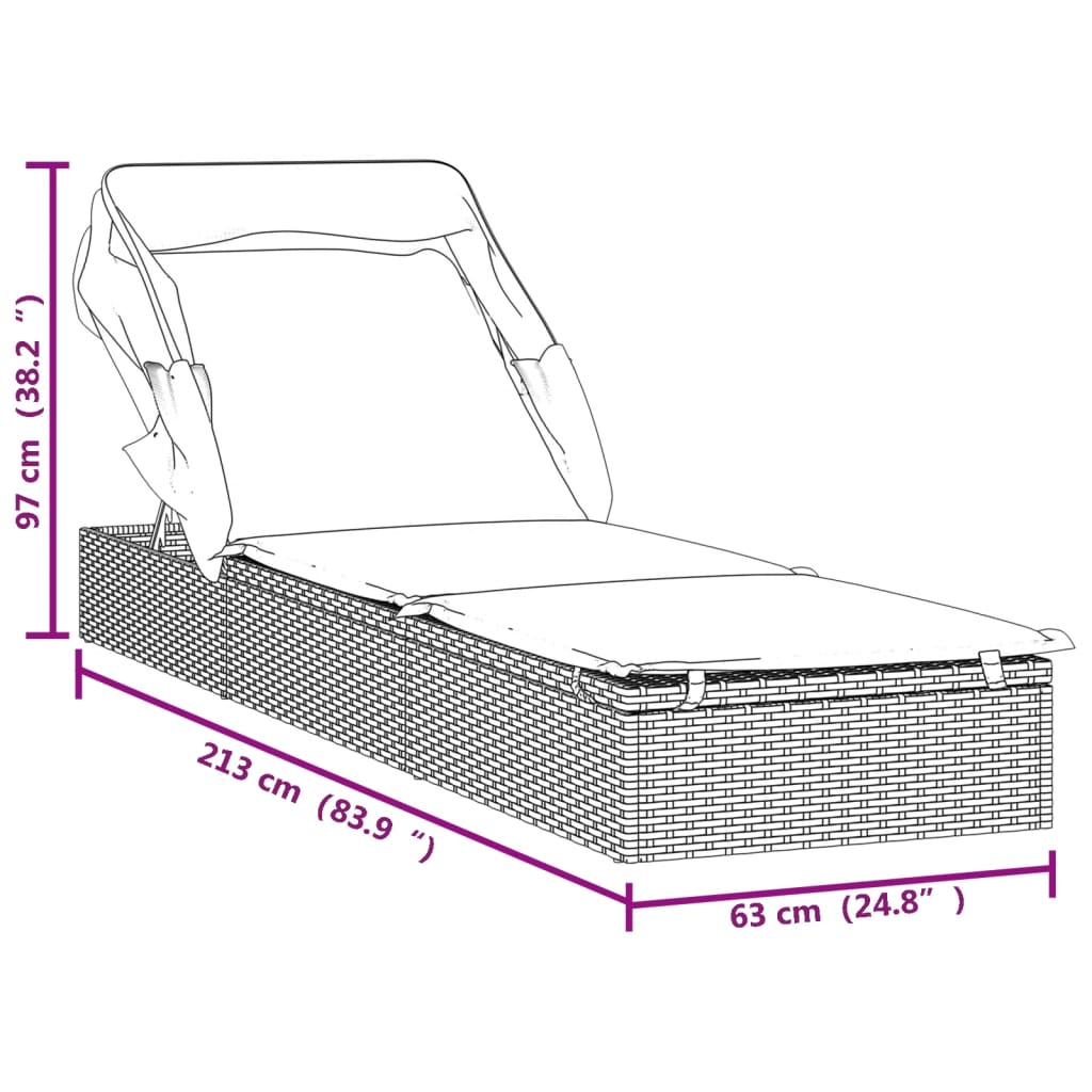 vidaXL sauļošanās gulta ar saliekamu jumtu, melna PE rotangpalma