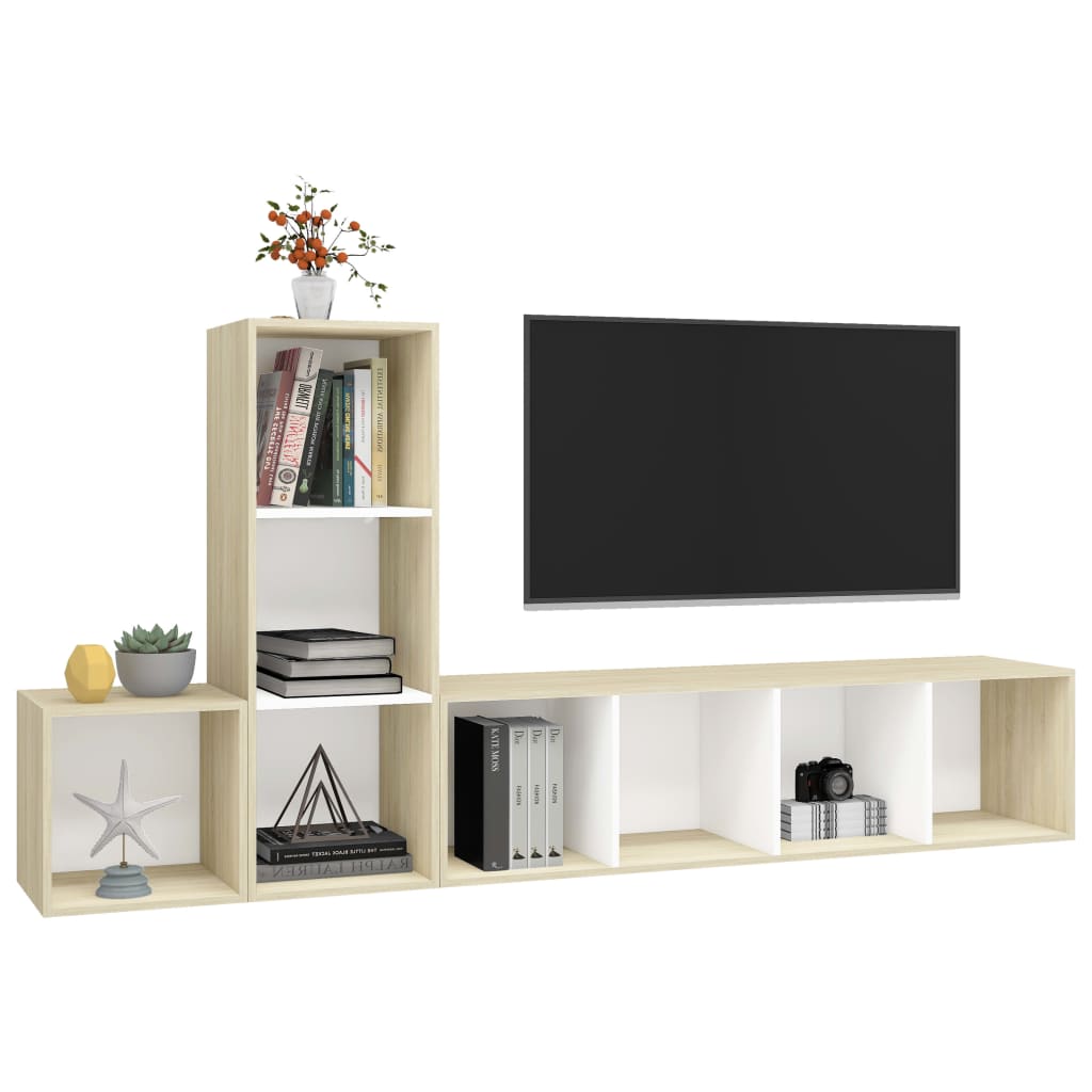 vidaXL 3-daļīgs TV plauktu komplekts, balts, ozolkoka, skaidu plāksne