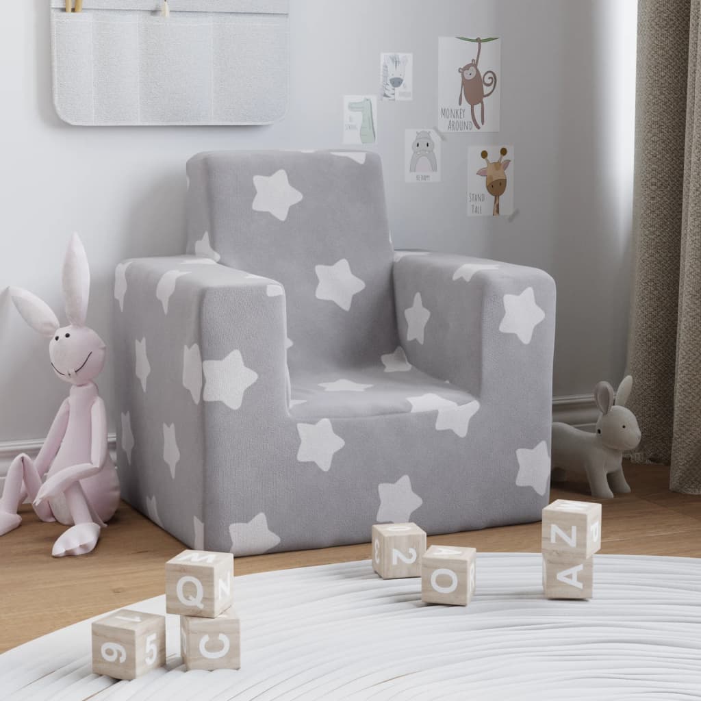 vidaXL bērnu dīvāns, gaiši pelēks ar zvaigznēm, mīksts plīšs