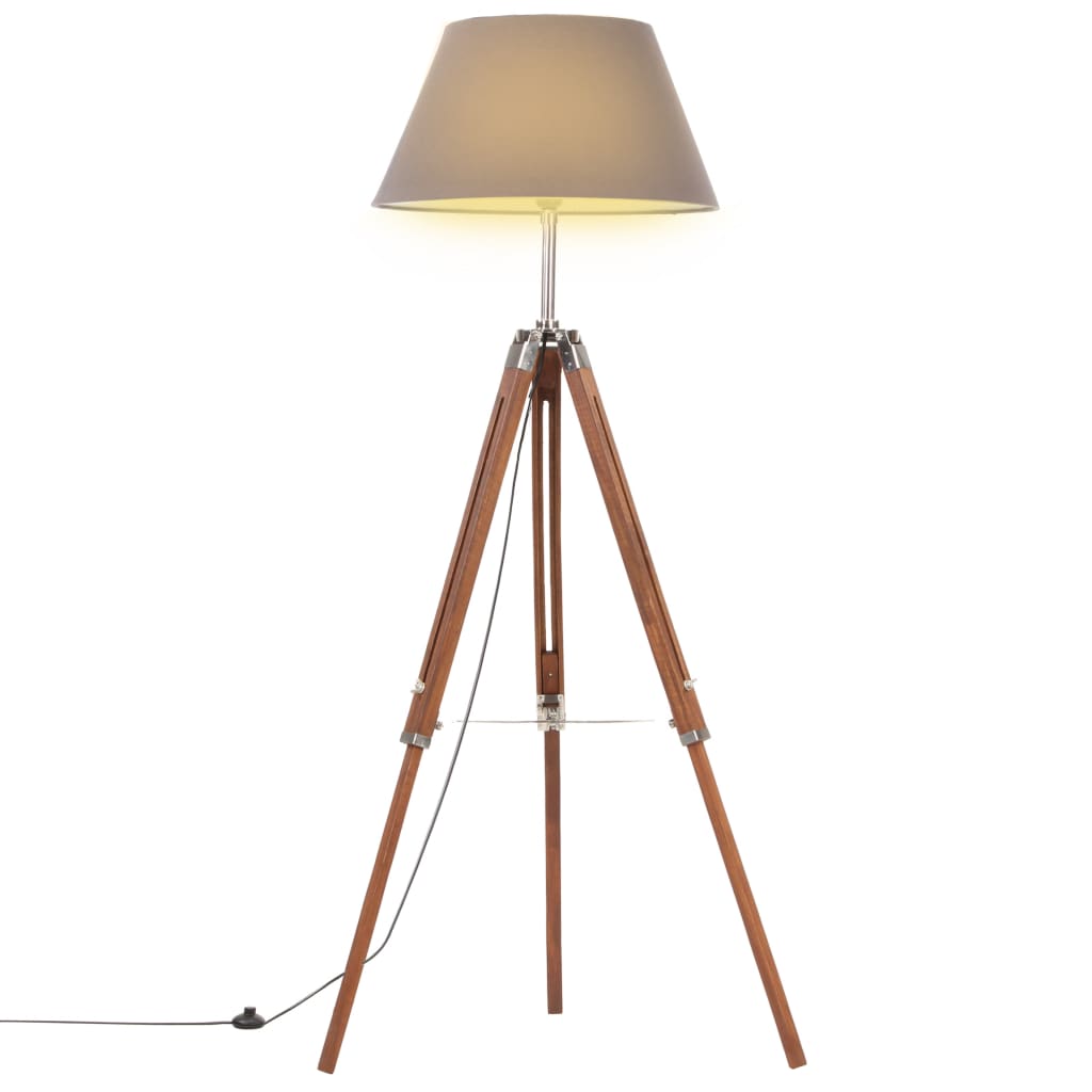 vidaXL grīdas lampa uz statīva, brūna, pelēka, masīvs tīkkoks, 141 cm