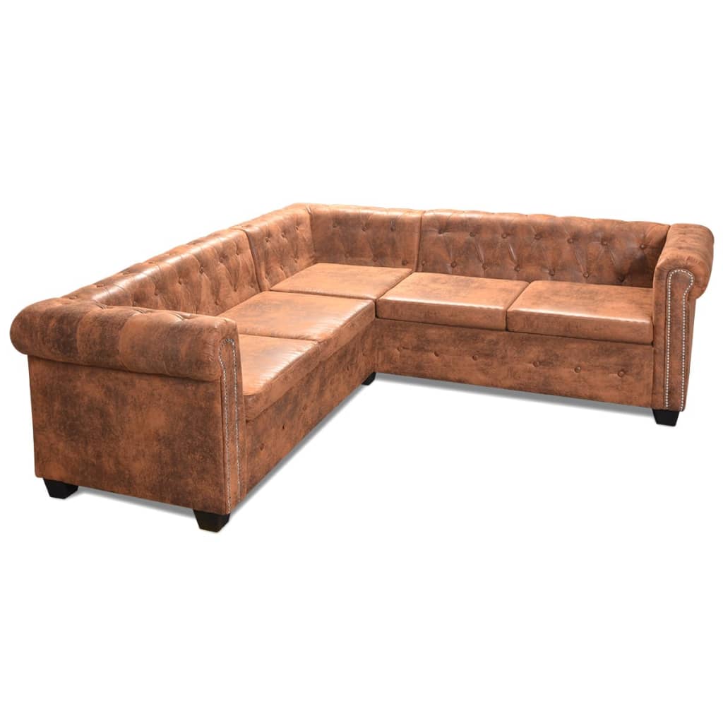 vidaXL divvietīgs Chesterfield stūra dīvāns, brūna mākslīgā āda