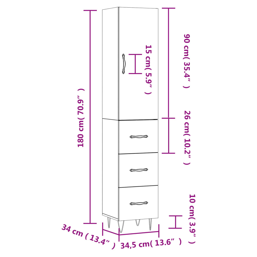 vidaXL augstais skapītis, ozolkoka, 34,5x34x180 cm, inženierijas koks