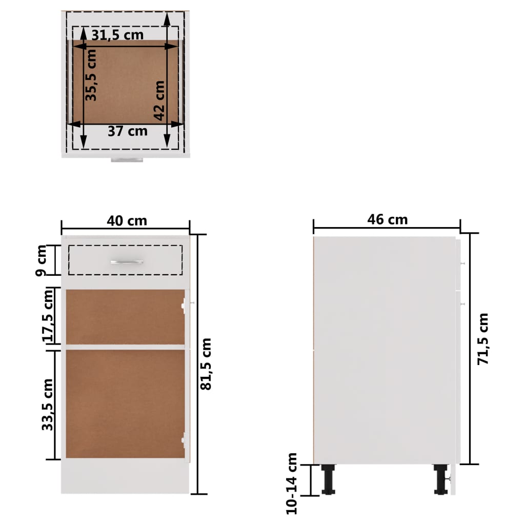 vidaXL apakšējais skapītis ar atvilktnēm, balts, 40x46x81,5 cm