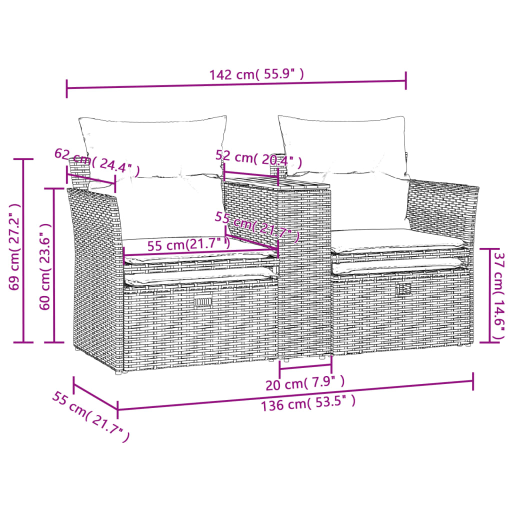 vidaXL divvietīgs dārza dīvāns ar soliem, melns, PE rotangpalma