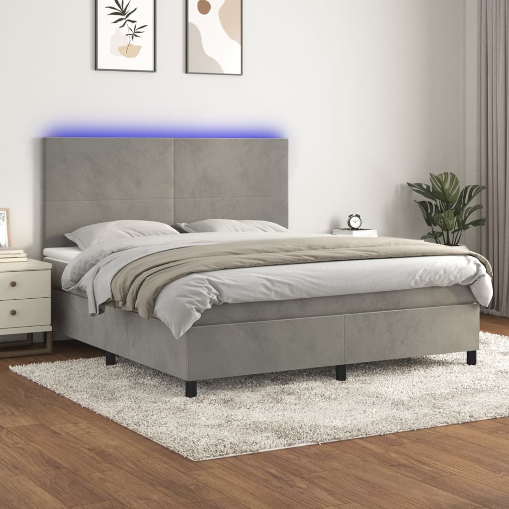 vidaXL atsperu gulta ar matraci, LED, gaiši pelēks samts, 180x200 cm