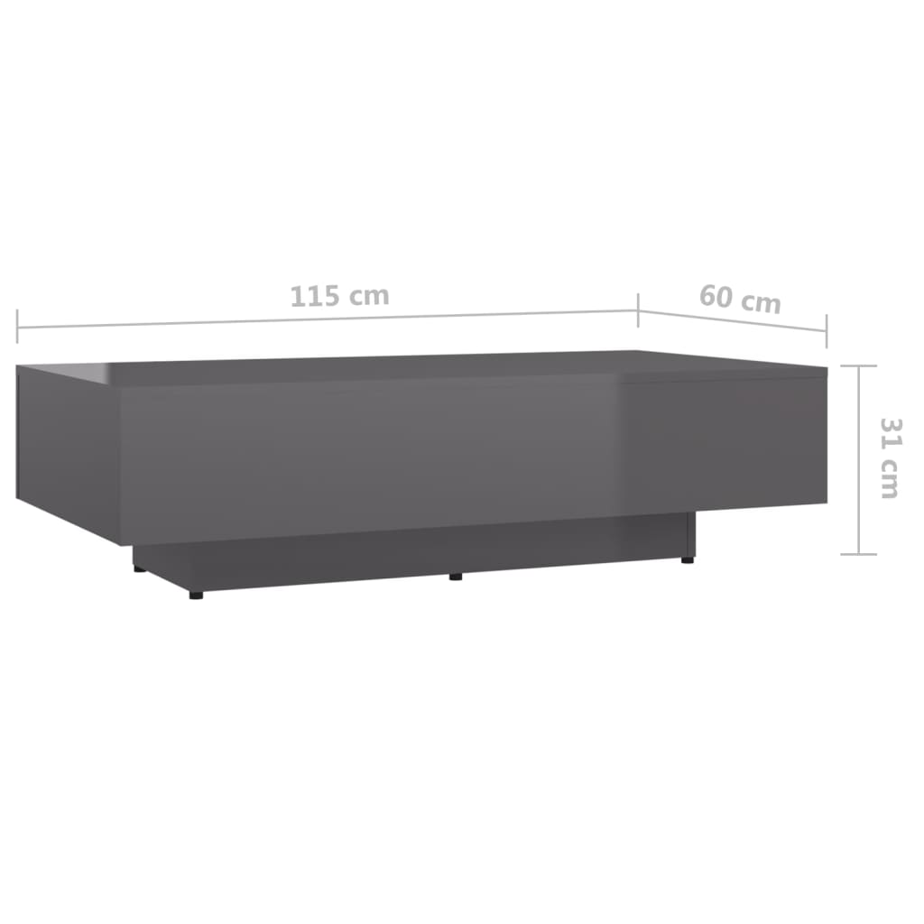 vidaXL kafijas galdiņš, 115x60x31 cm, spīdīgi pelēks, skaidu plāksne