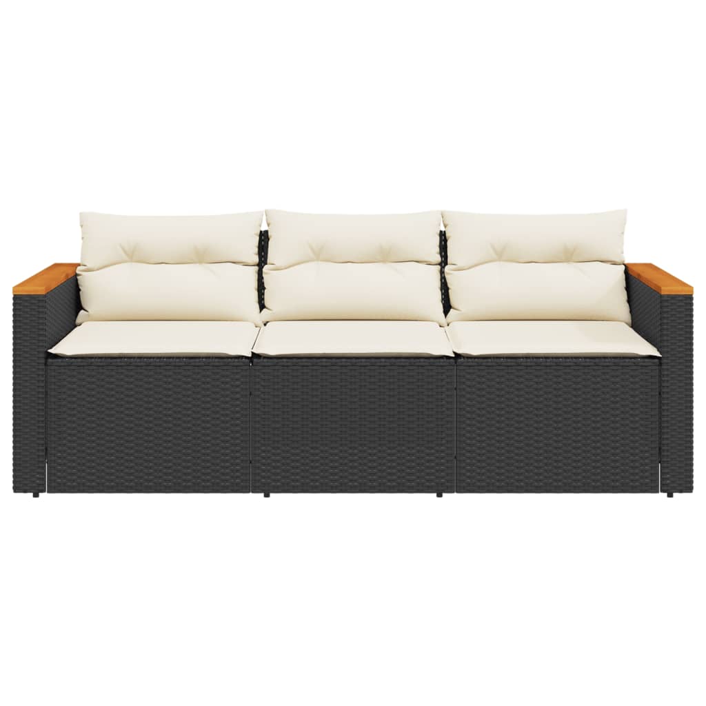 vidaXL trīsvietīgs dārza dīvāns ar matračiem, melna PE rotangpalma