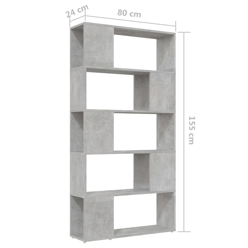 vidaXL grāmatu plaukts, betona pelēks, 80x24x155 cm, skaidu plāksne