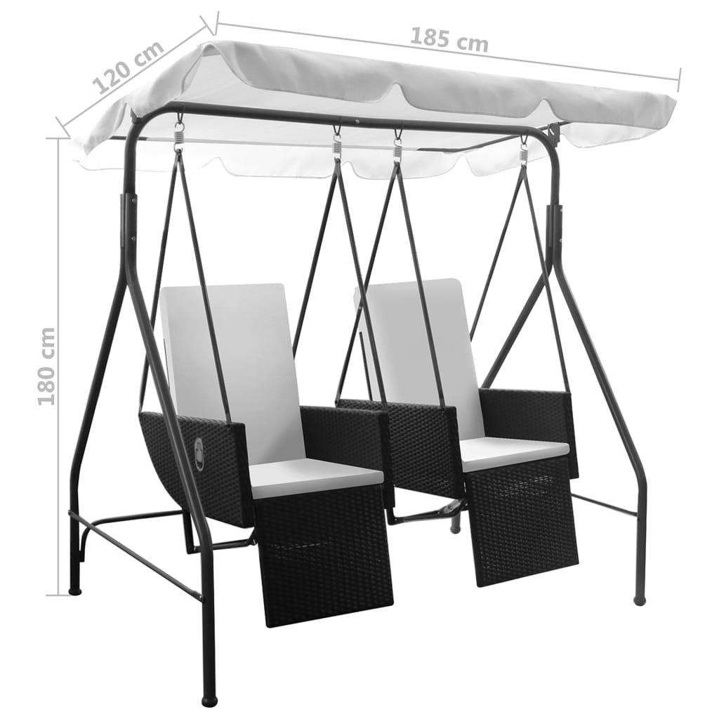 vidaXL divvietīgs dārza šūpuļkrēsls ar jumtiņu, melna PE rotangpalma