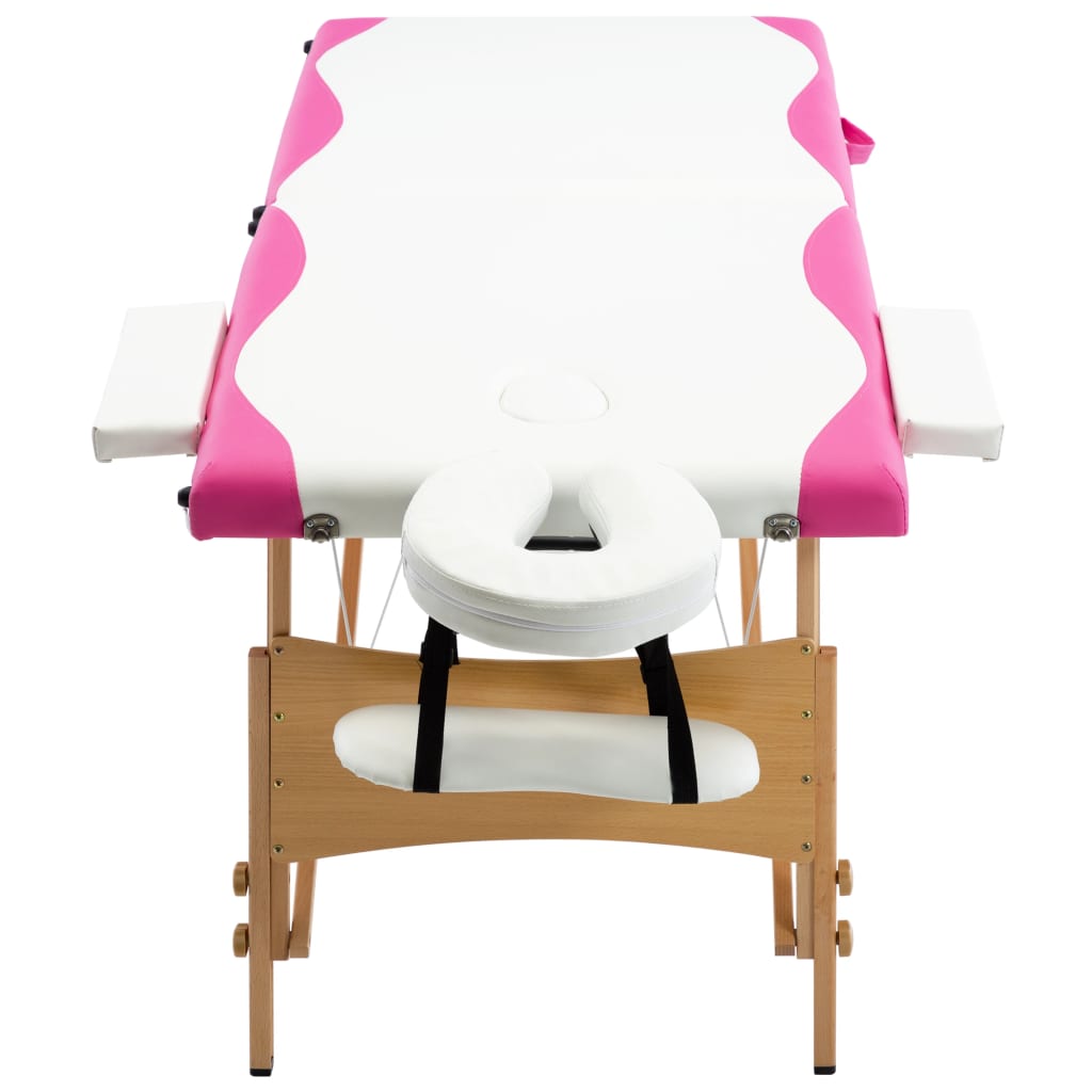 vidaXL saliekams masāžas galds, 2 daļas, koks, balts ar rozā