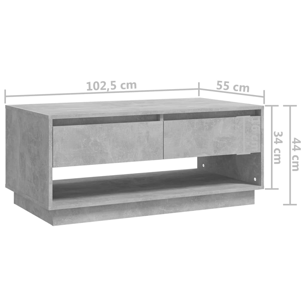 vidaXL kafijas galdiņš, betona pelēks, 102,5x55x44 cm, skaidu plāksne