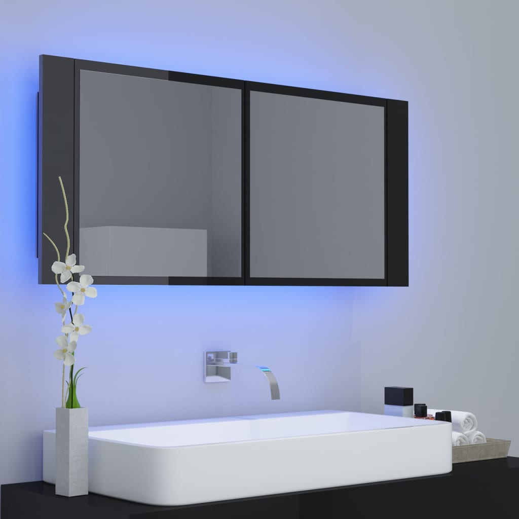 vidaXL vannasistabas spoguļskapītis ar LED, melns, 100x12x45cm, akrils