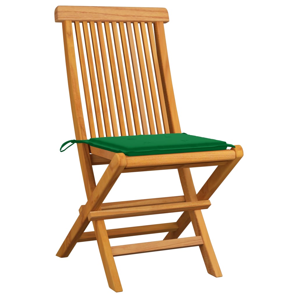 vidaXL dārza krēsli, zaļi matrači, 2 gab., masīvs tīkkoks