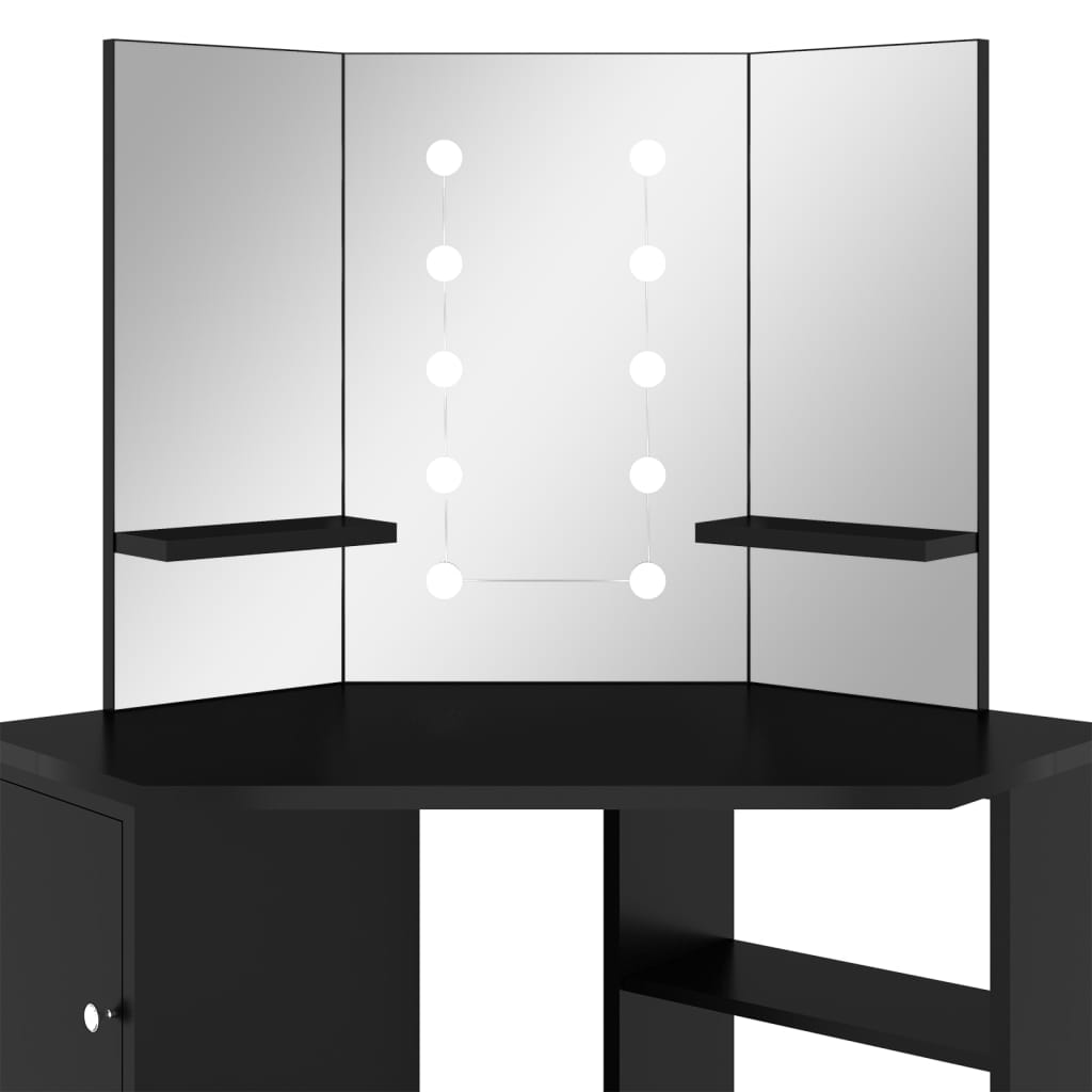 vidaXL stūra spoguļgaldiņš ar LED, melns, 111x54x141,5 cm