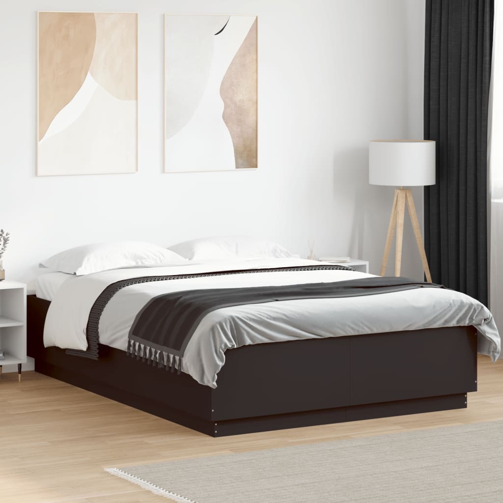 vidaXL gultas rāmis ar LED, melns, 150x200 cm, inženierijas koks