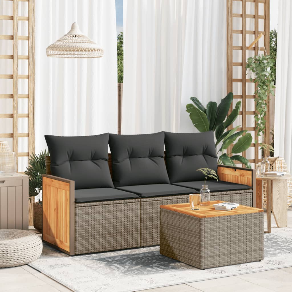 vidaXL 4-daļīgs dārza dīvāna komplekts ar matračiem, pelēks PE pinums