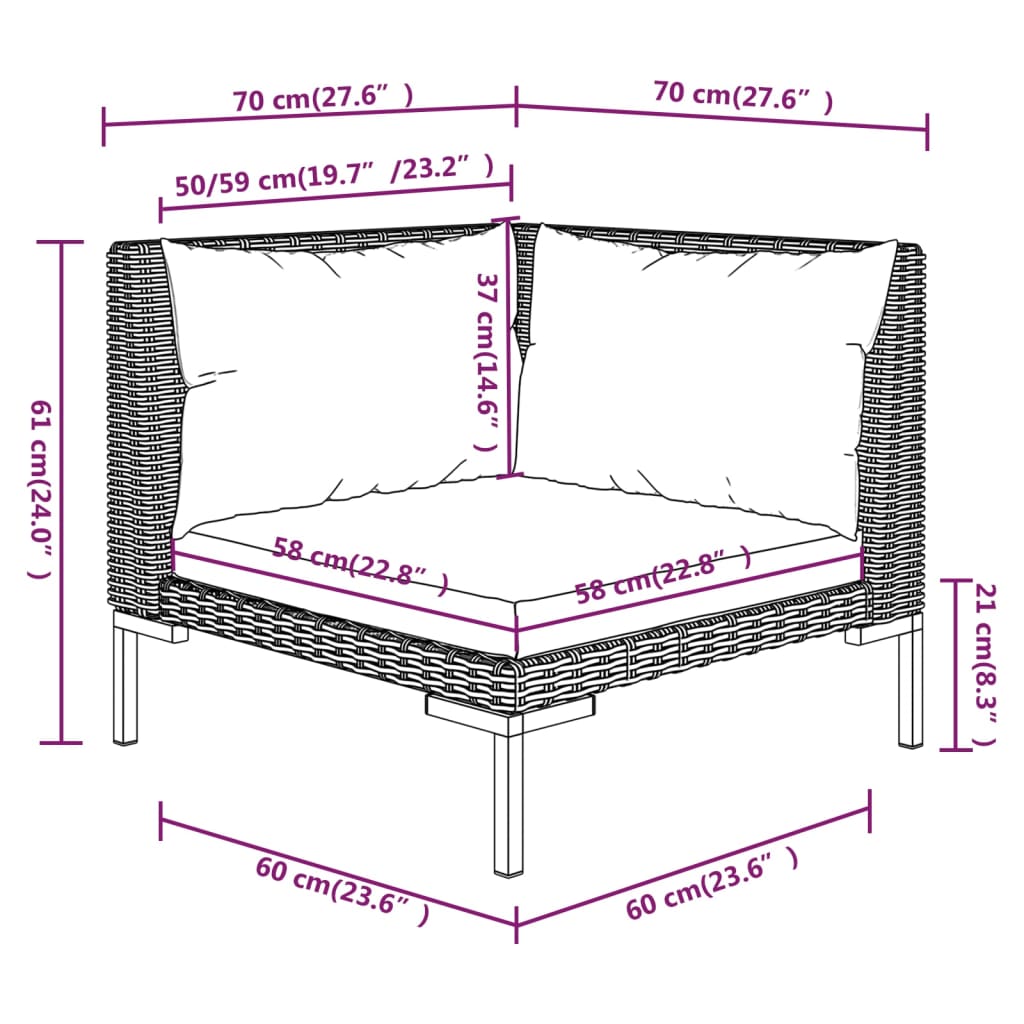 vidaXL 4-daļīgs dārza mēbeļu komplekts, matrači, pelēka PE rotangpalma