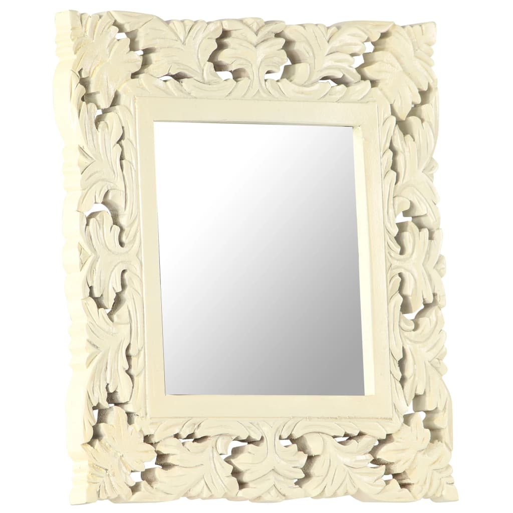 vidaXL spogulis, balts, 50x50 cm, ar kokgriezumiem, mango masīvkoks