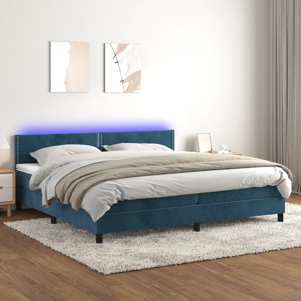 vidaXL atsperu gulta ar matraci, LED, tumši zils samts, 200x200 cm