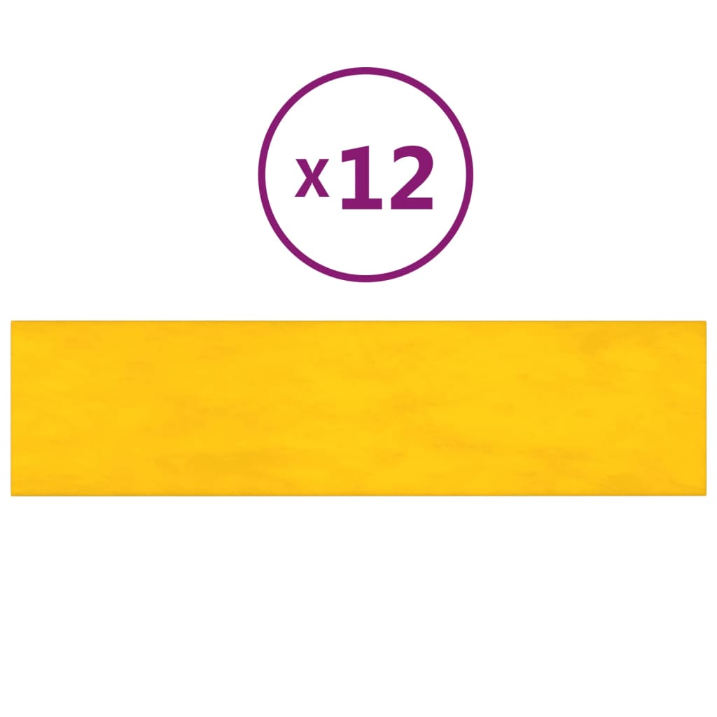 vidaXL sienas paneļi, 12 gab., dzelteni, 60x15 cm, samts, 1,08 m²