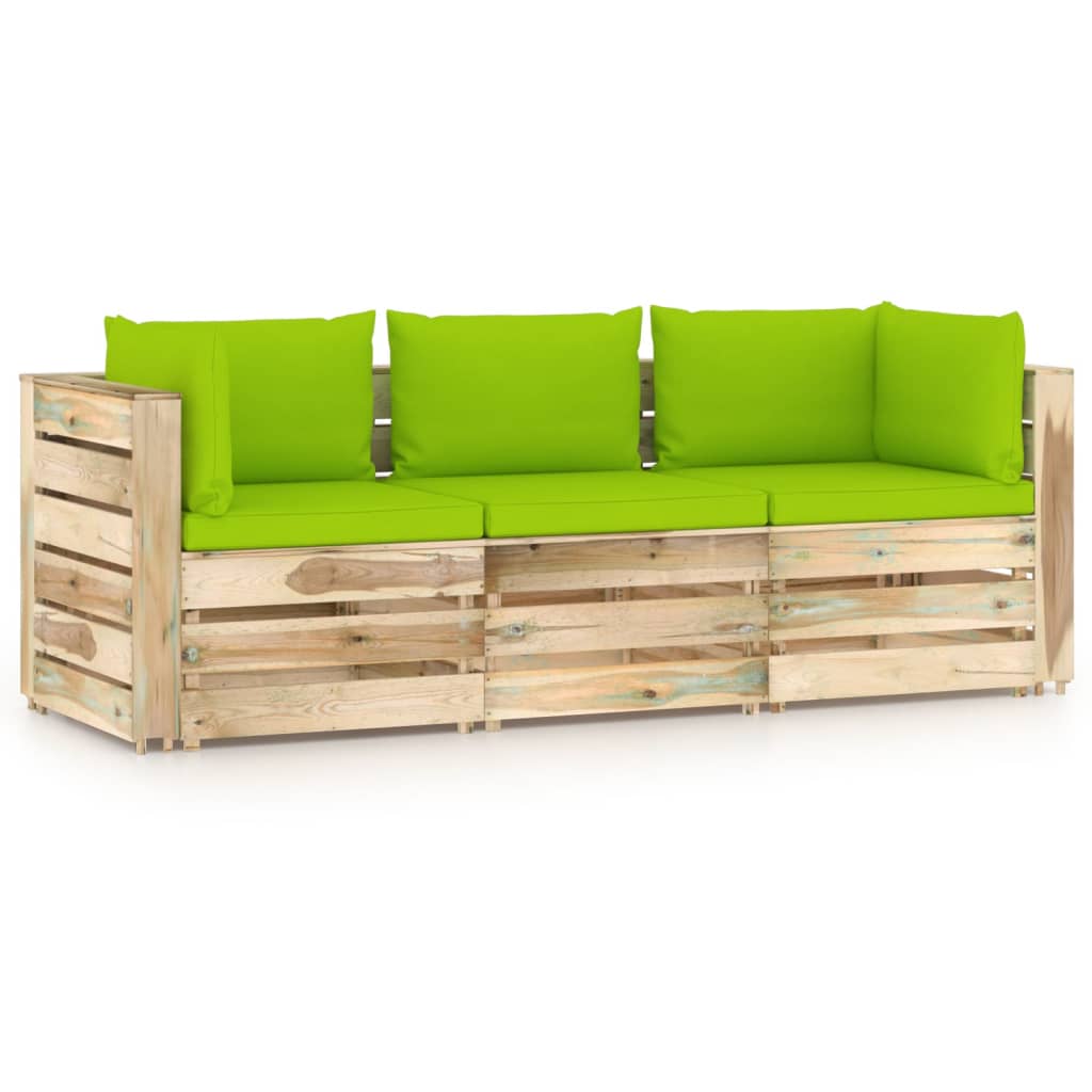 vidaXL trīsvietīgs dārza dīvāns ar matračiem, zaļi impregnēts koks