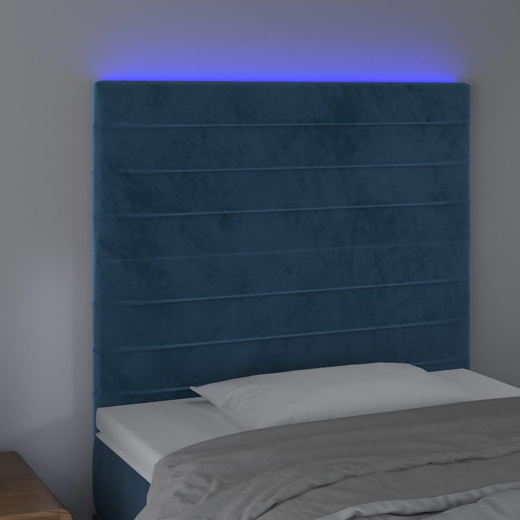 vidaXL gultas galvgalis ar LED, 90x5x118/128 cm, tumši zils samts